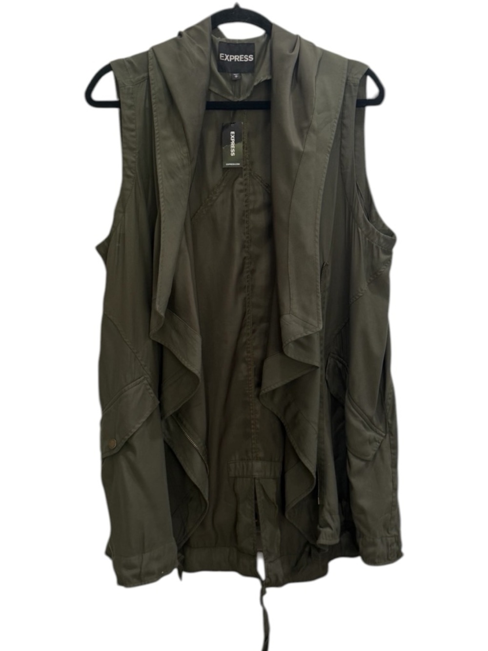 NWT. Express, olive draped front, utility vest/sleeveless jacket. Size medium.